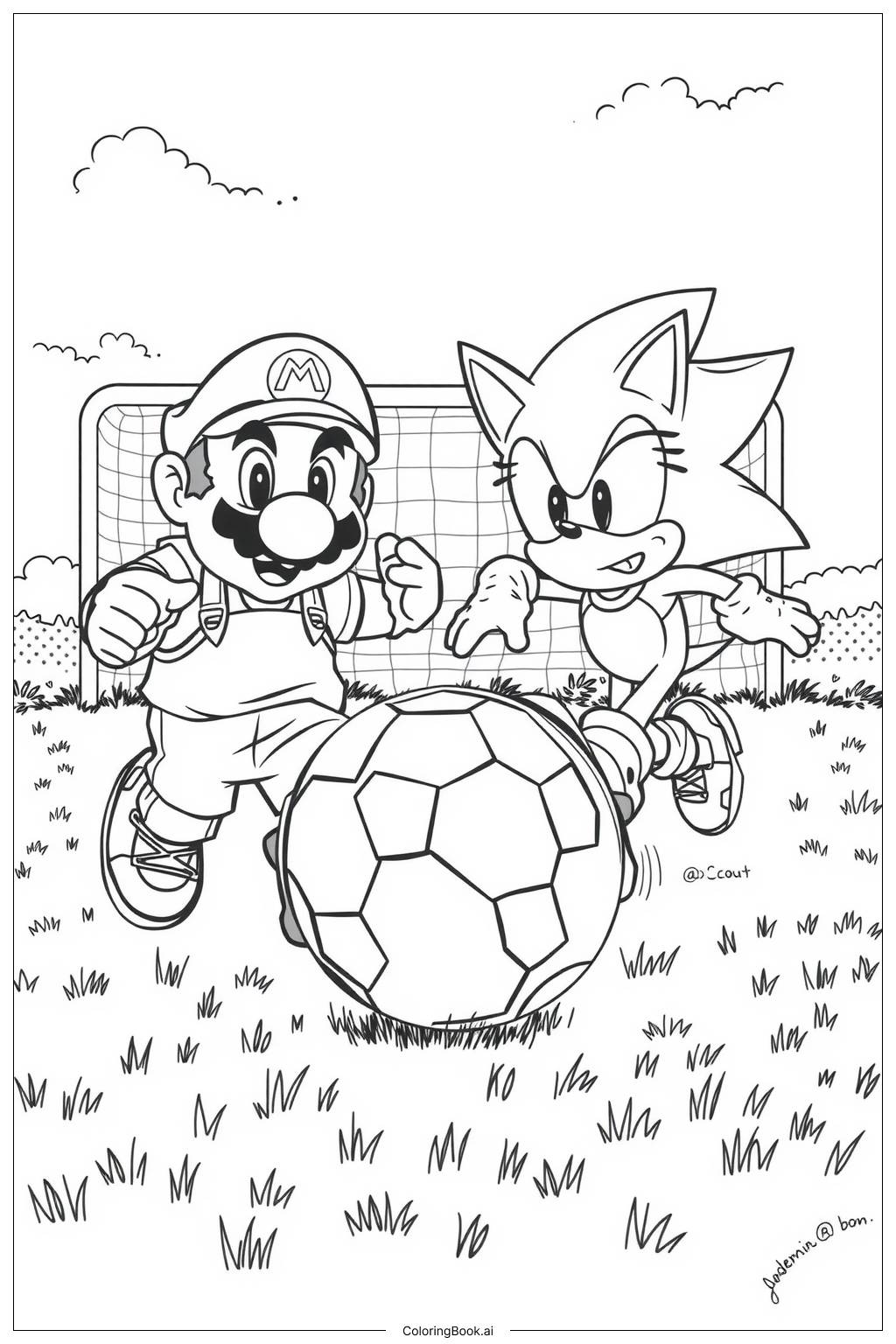  Page de coloriage Mario et Sonic en pleine compétition dans un match de football 