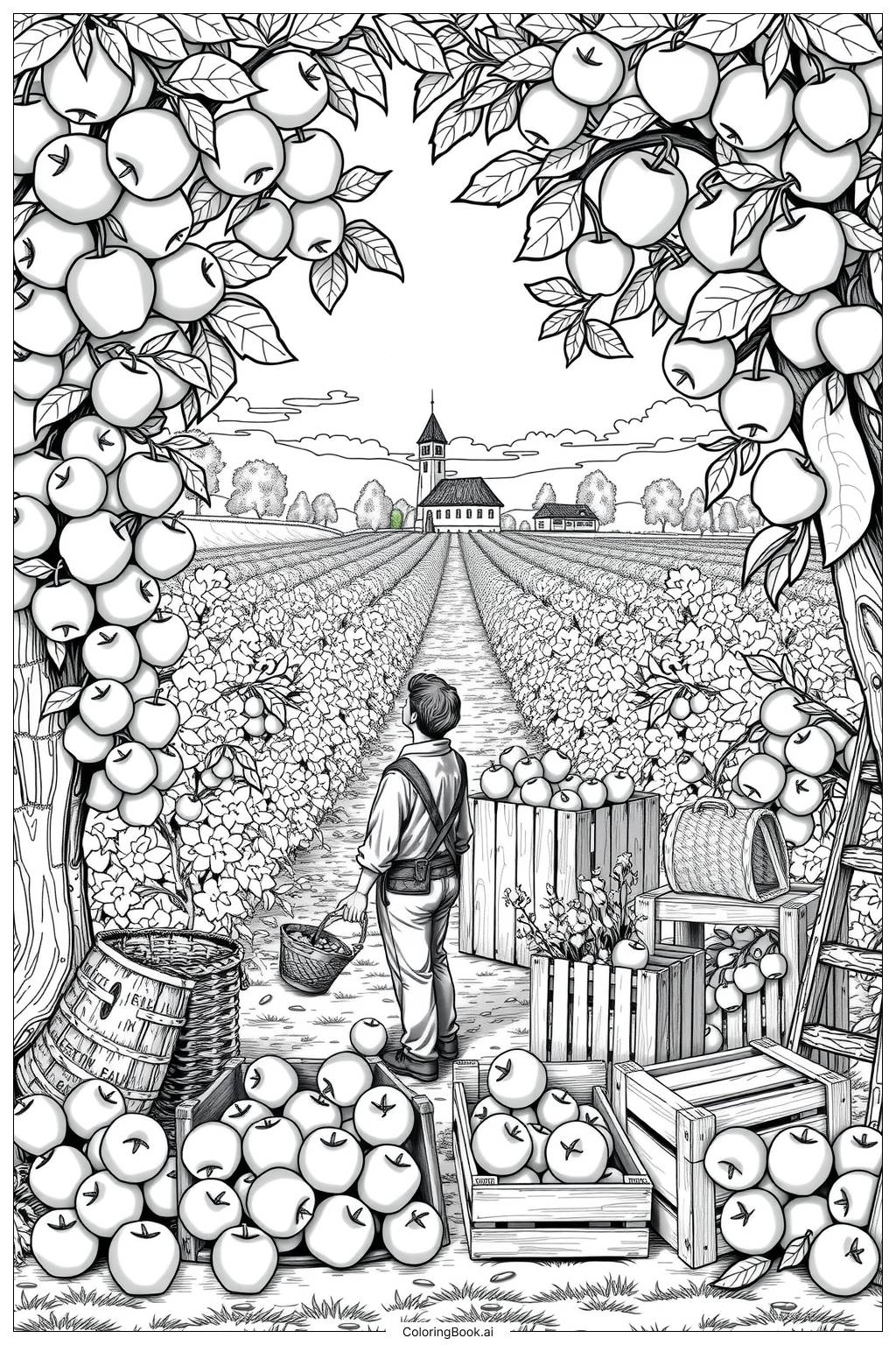  Apple Picking in the Orchard Coloring Page 