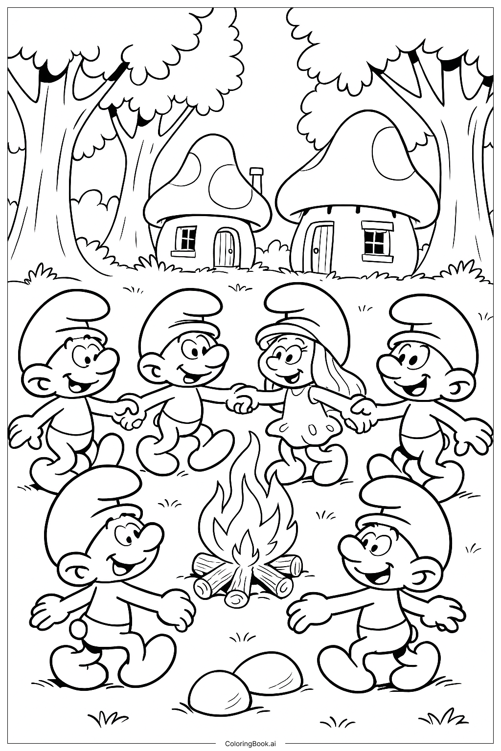  Smurfs Dancing Around A Fire Coloring Page 