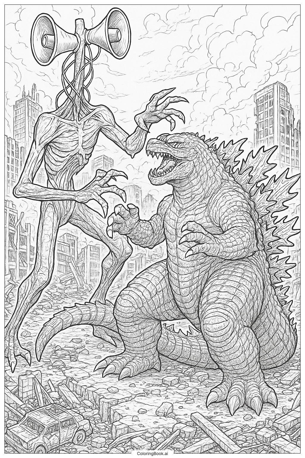  Page de coloriage Un combat épique entre Siren Head et Godzilla 
