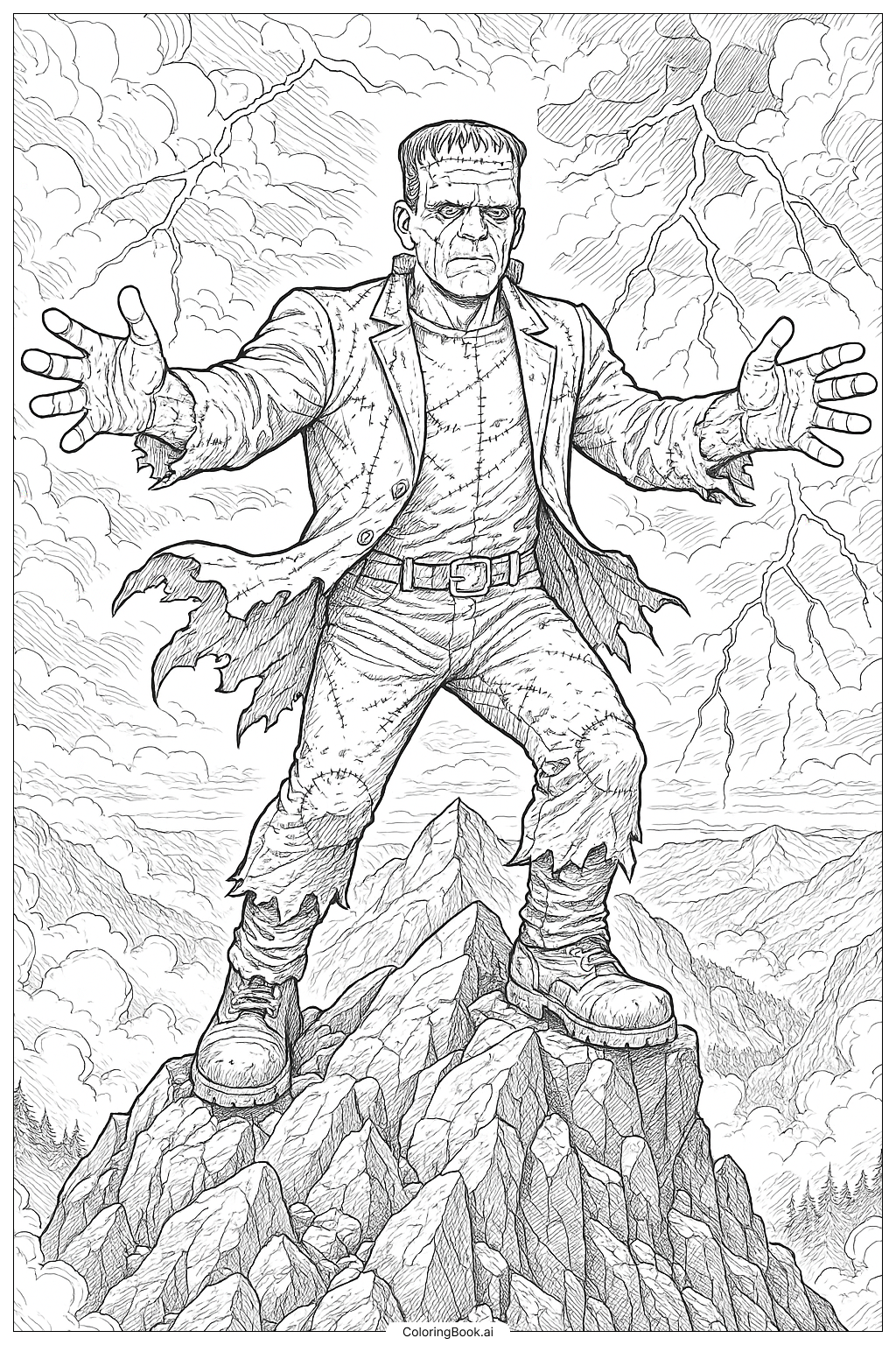  Frankensteins Monster auf einem Berggipfel Ausmalseite 
