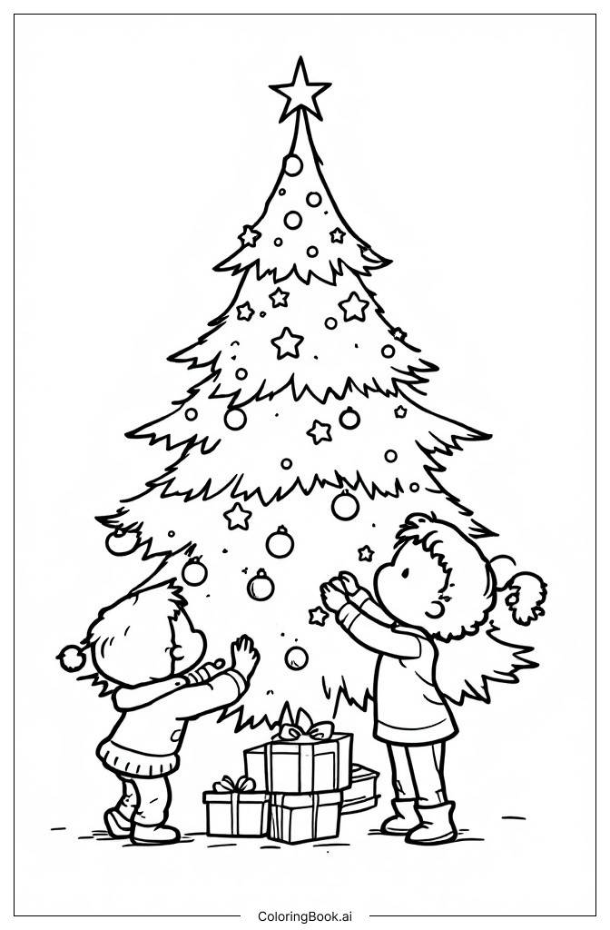  Página para colorear de Niños Decorando el Árbol de Navidad 