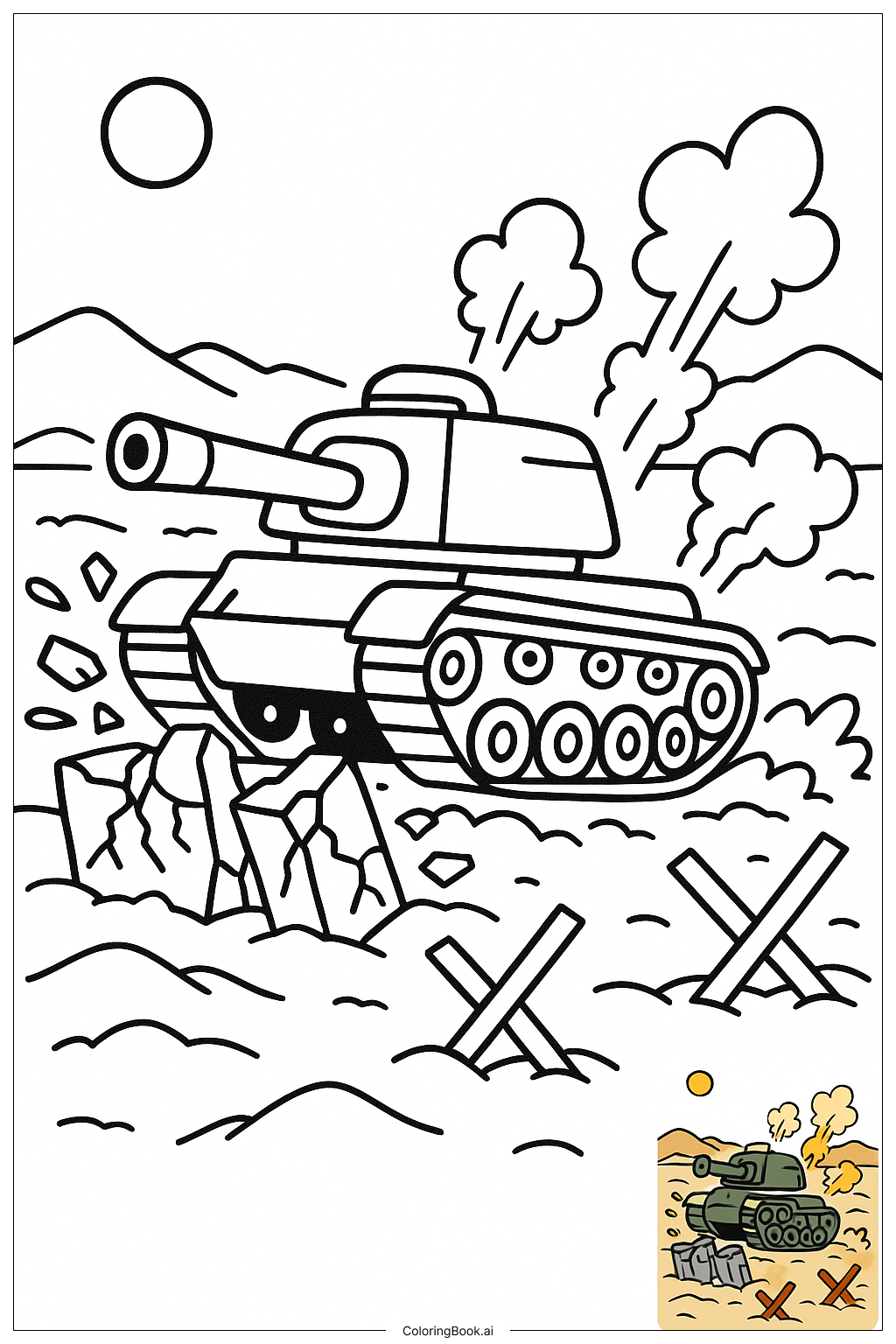  Page de coloriage Char de combat écrasant des barrières 