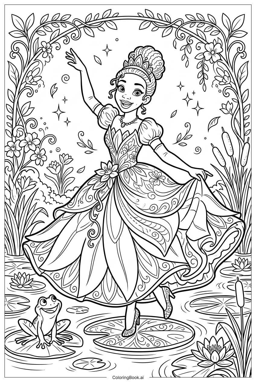  ディズニープリンセスが輝くハスの葉の上で踊るの塗り絵ページ 