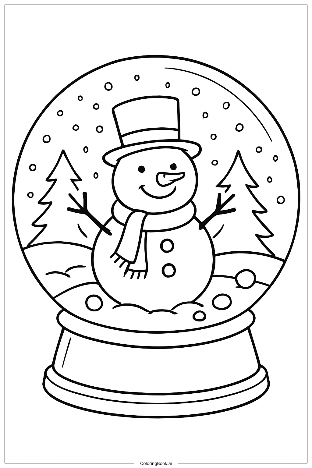 幸せな雪だるまのスノーグローブの塗り絵ページ