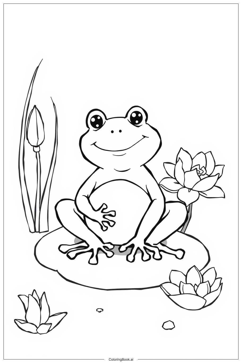  Page de coloriage Grenouille dans un étang entourée de fleurs 