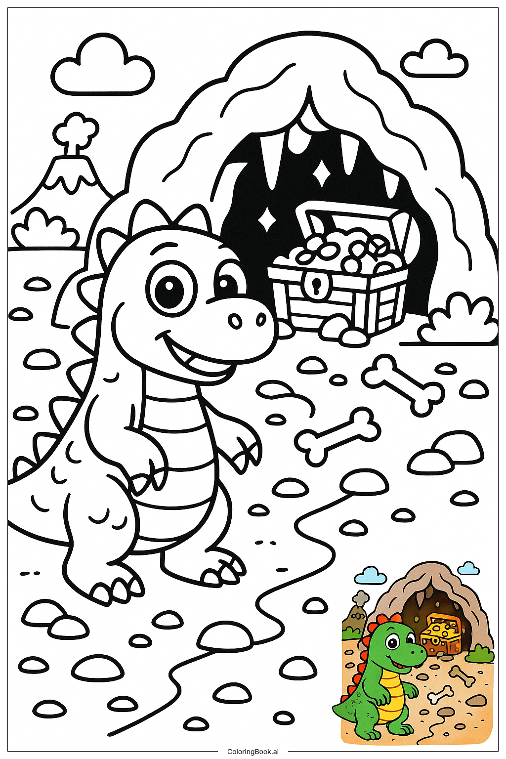  Page de coloriage Dino gardant une grotte au trésor 