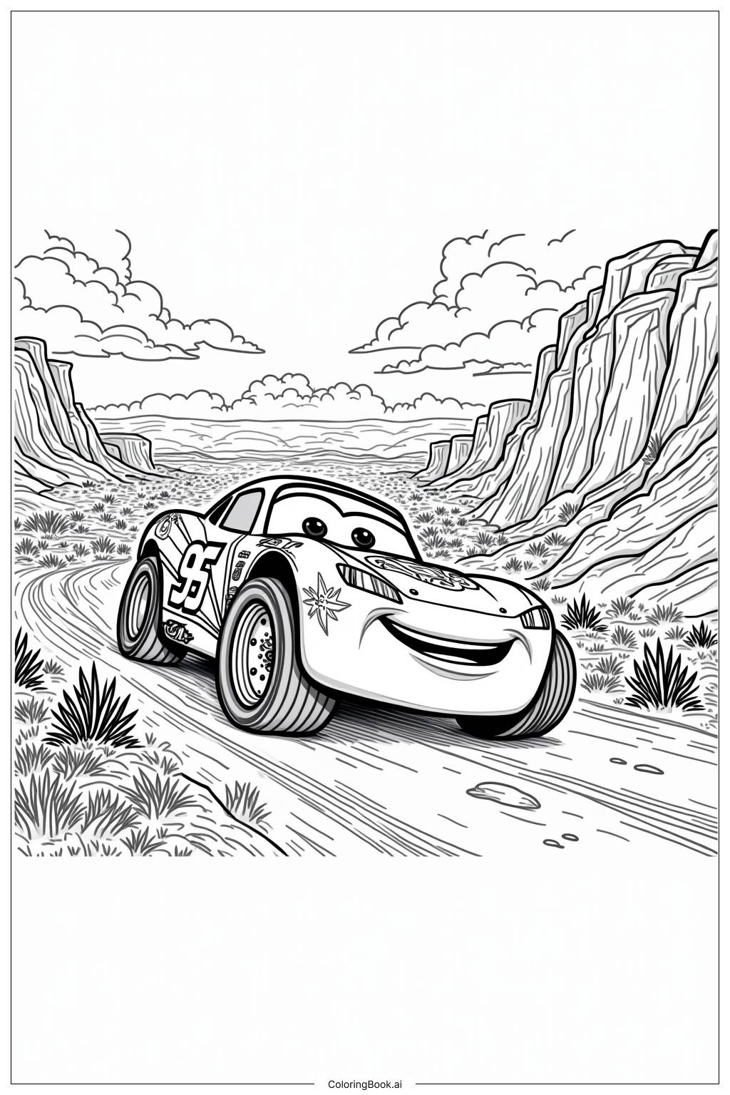  Page de coloriage Lightning McQueen Sautant au-dessus d'un Canyon 