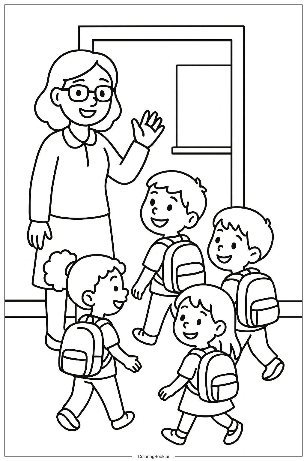  Página para colorir de Recebendo o Professor na Porta - Volta às Aulas 