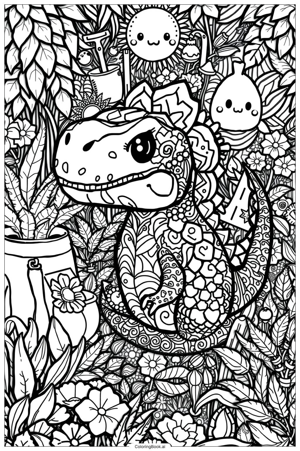  Página para colorir de Jardim de Dinossauros Kawaii-2 