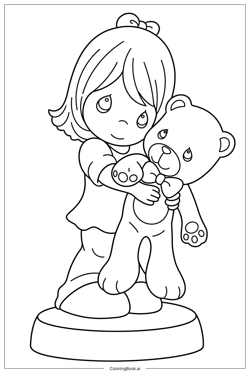  Página para colorear de Niña de Precious Moments abraza a su querido oso de peluche 