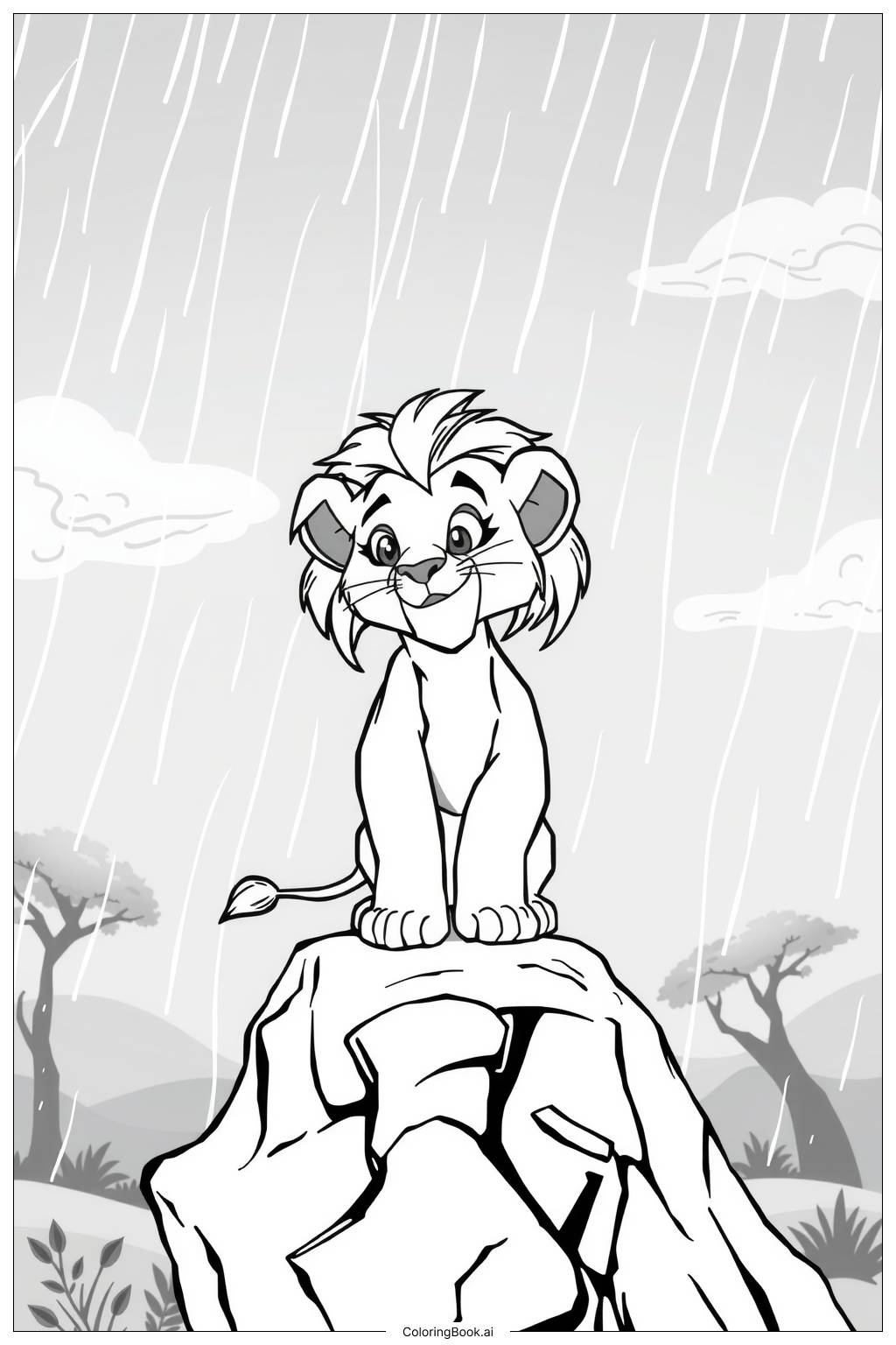  Page de coloriage le roi lion simba debout sur le rocher du fierté sous la pluie 