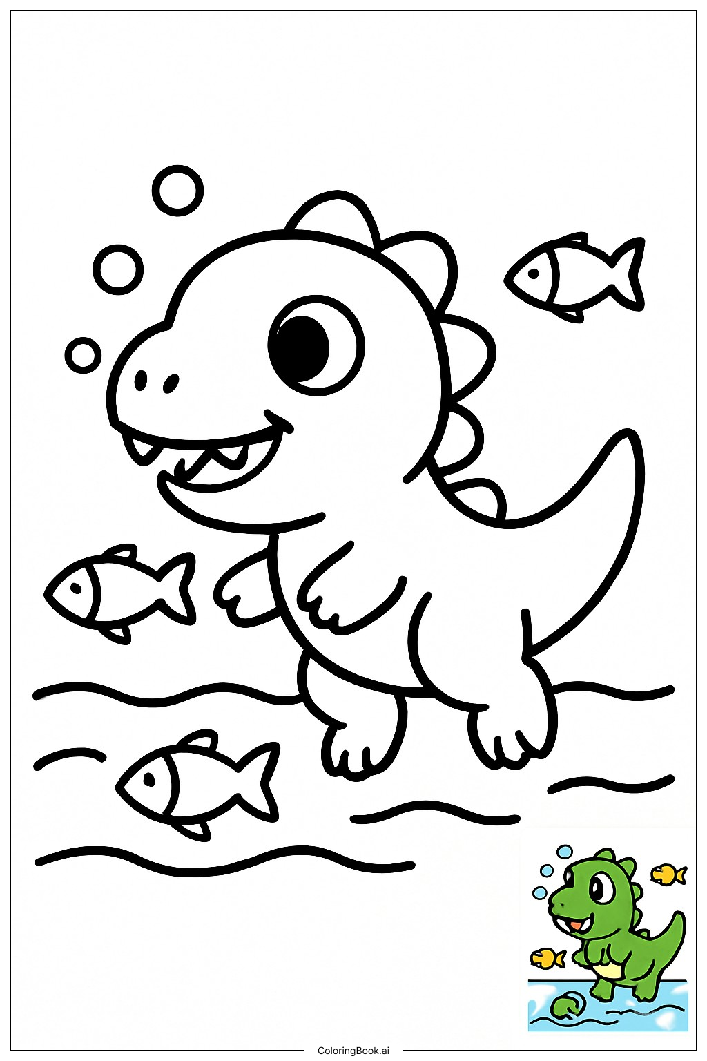  Page de coloriage Dinosaure nageant avec des poissons 