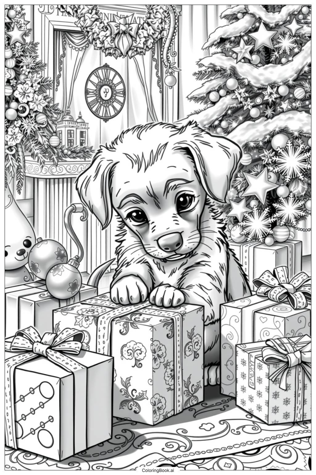  Page de coloriage Chiot de Noël réaliste avec des cadeaux 