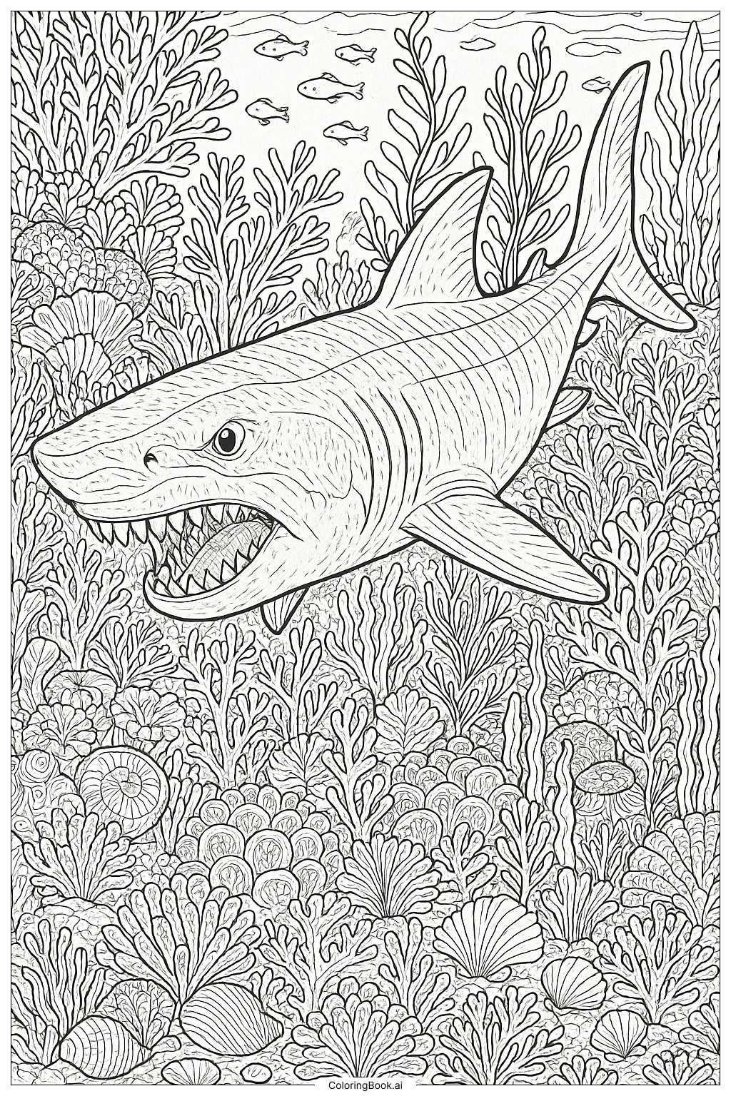  Megalodon in einem dichten Korallenriff Ausmalseite 