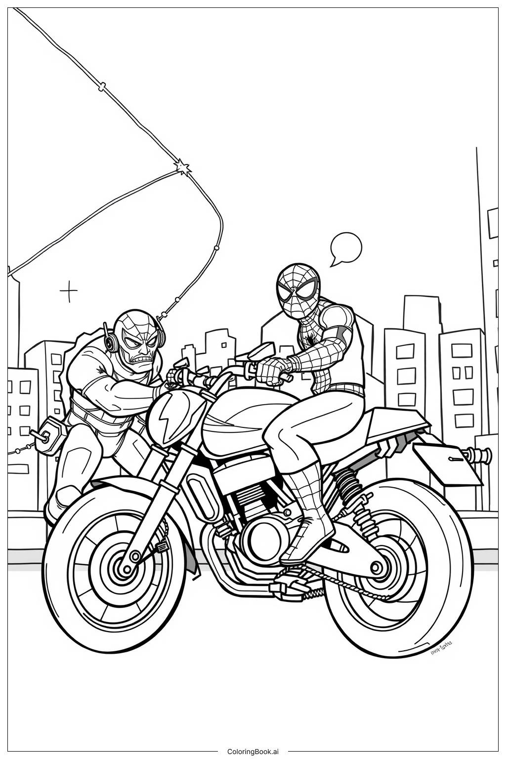  Página para colorear de Spiderman vs Villanos Batalla de Motocicletas 