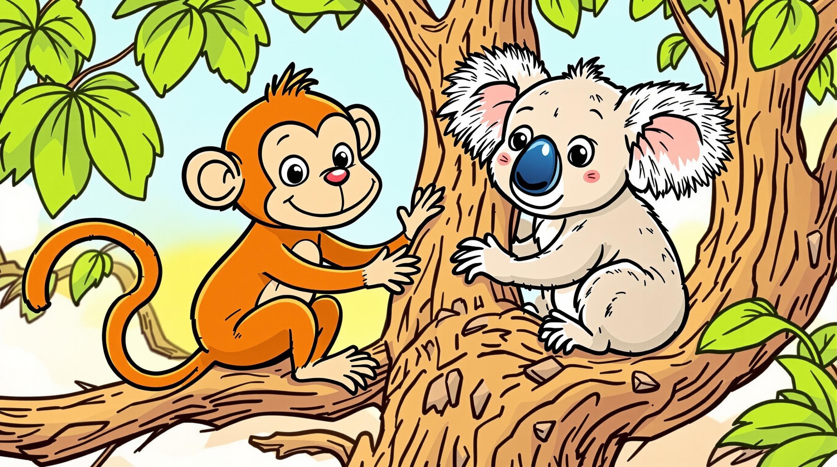 Encuentro Amistoso: Un Mono y un Koala Disfrutando del Tiempo de Juego en un Árbol