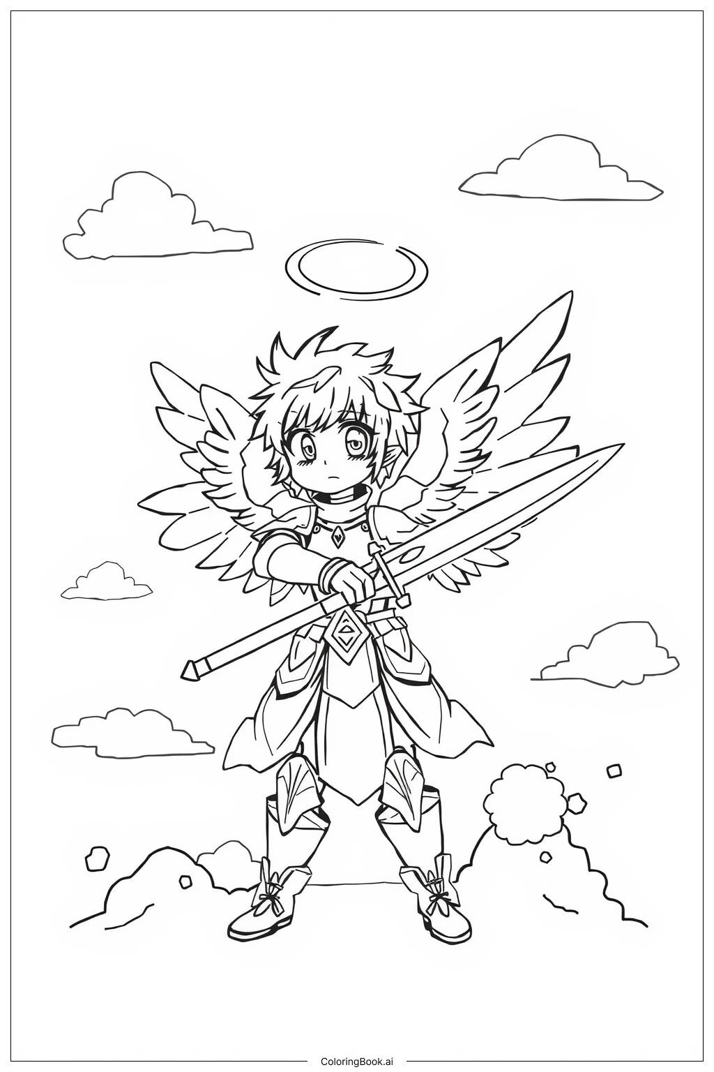  Anime Angel Warrior Battle Coloring Page 