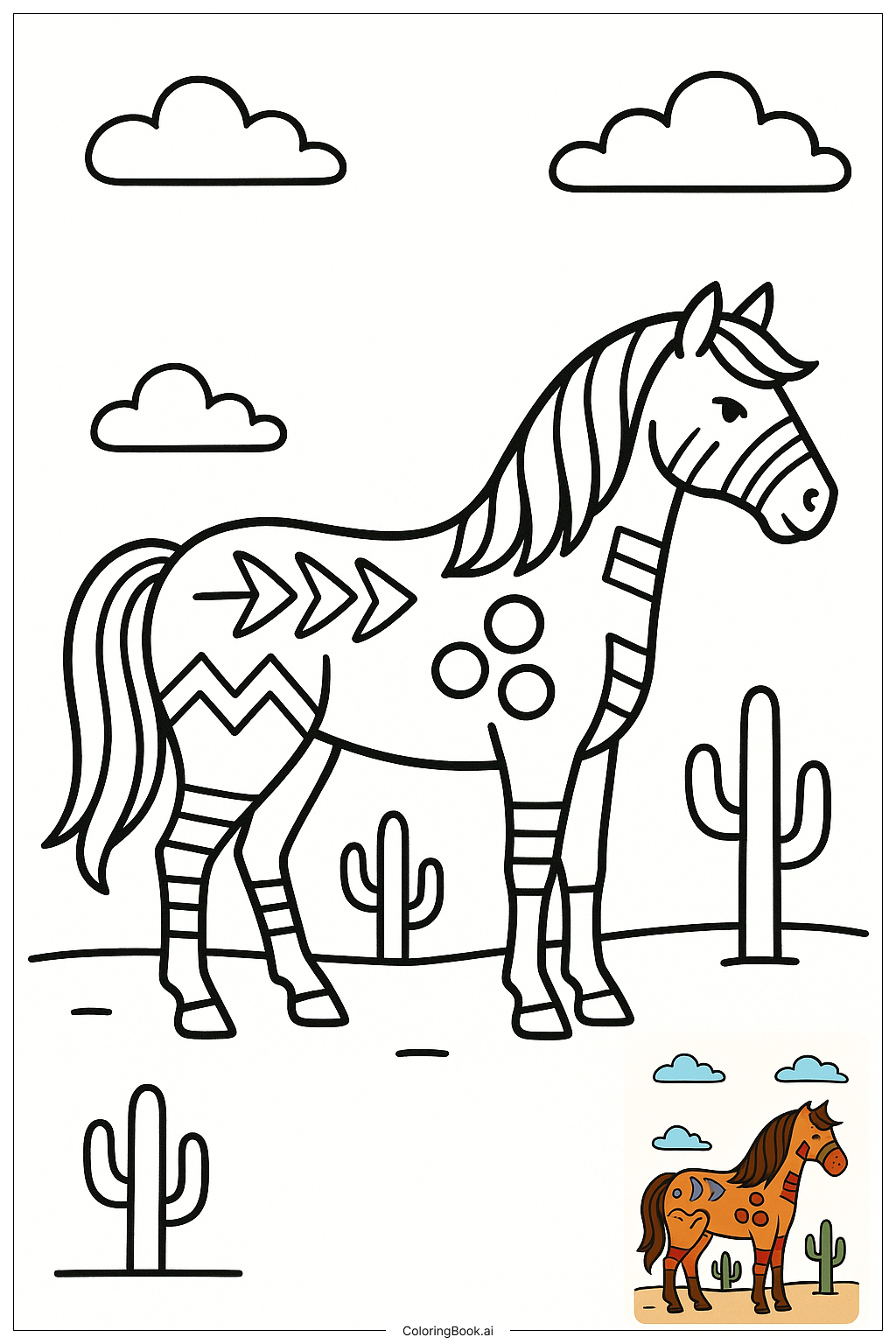  Página para colorir de Cavalo Com Desenhos de Pintura de Guerra Tribal 