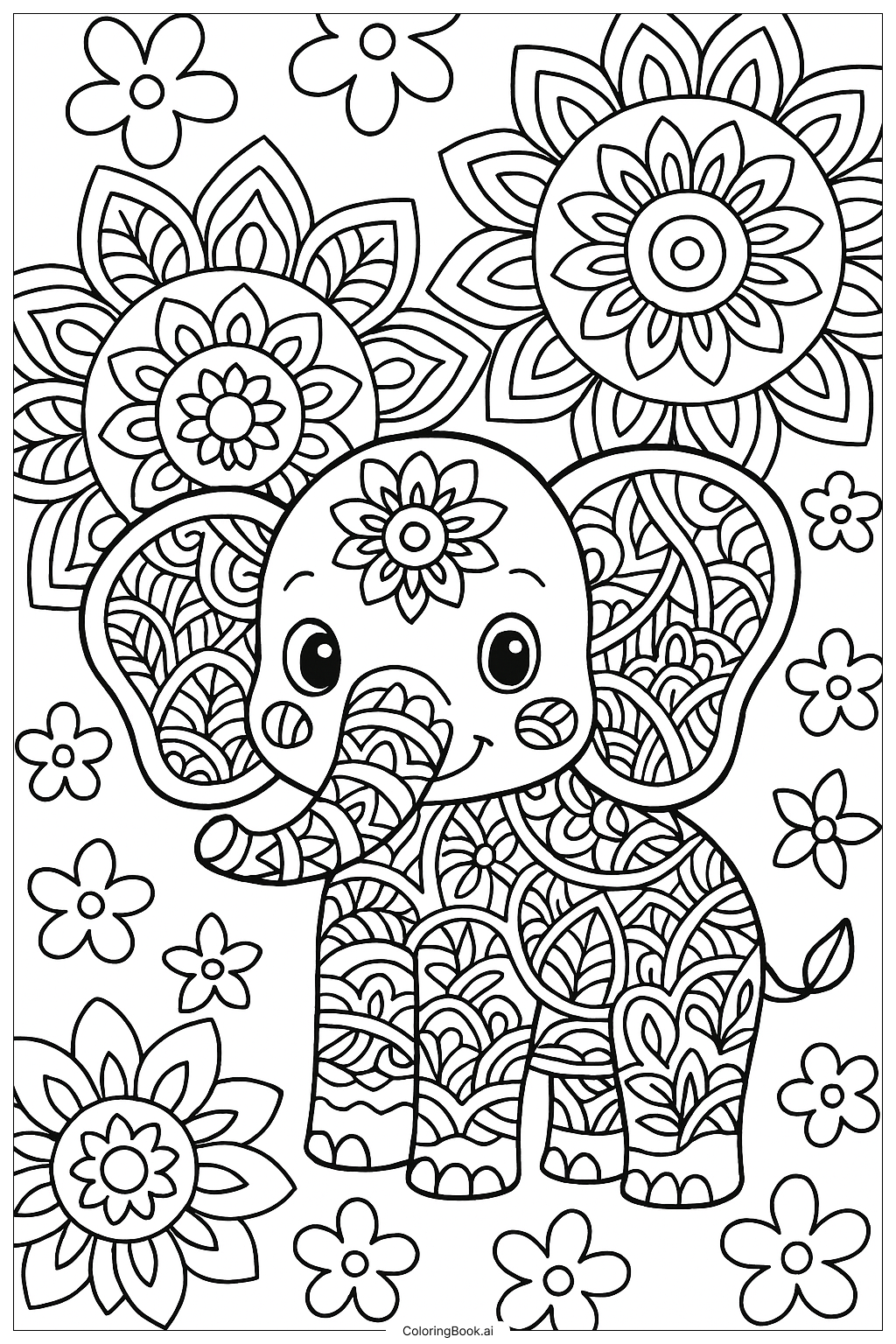  Page de coloriage Mandala Éléphant Inspiré de Zentangle 