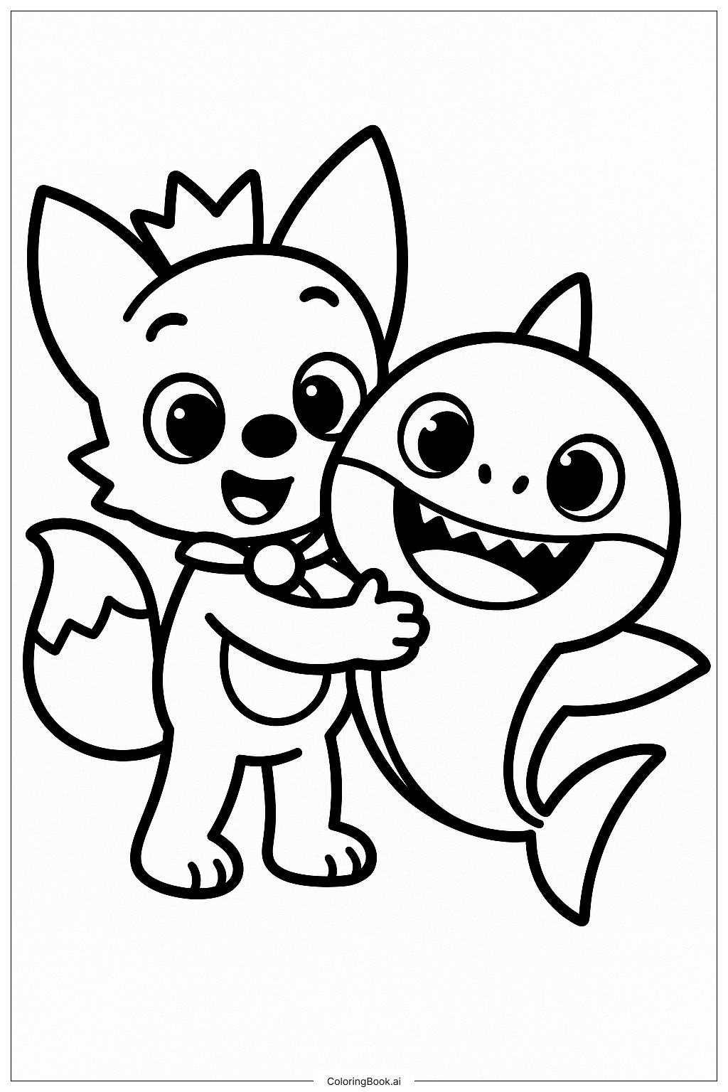  ピンクフォンがベビシャークを抱きしめるの塗り絵ページ 