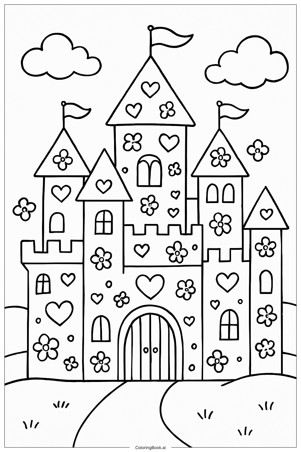  A Castle Decorated With Hearts and Flowers Coloring Page 