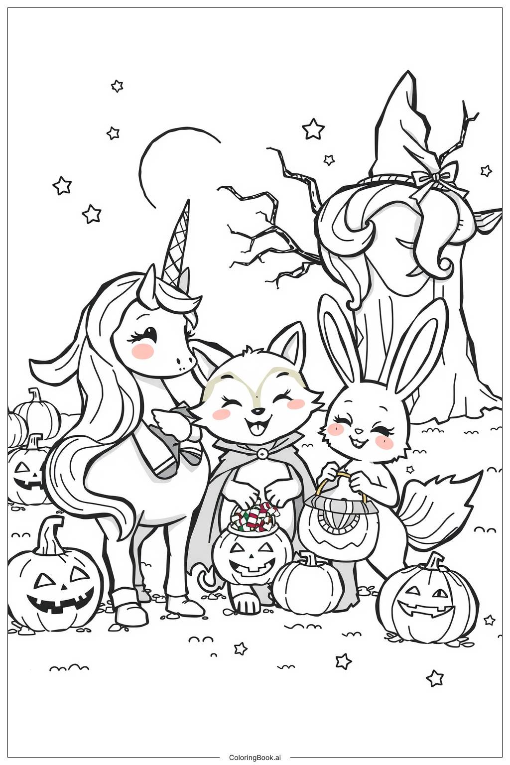  Page de coloriage licorne et amis faisant une fête d'Halloween 