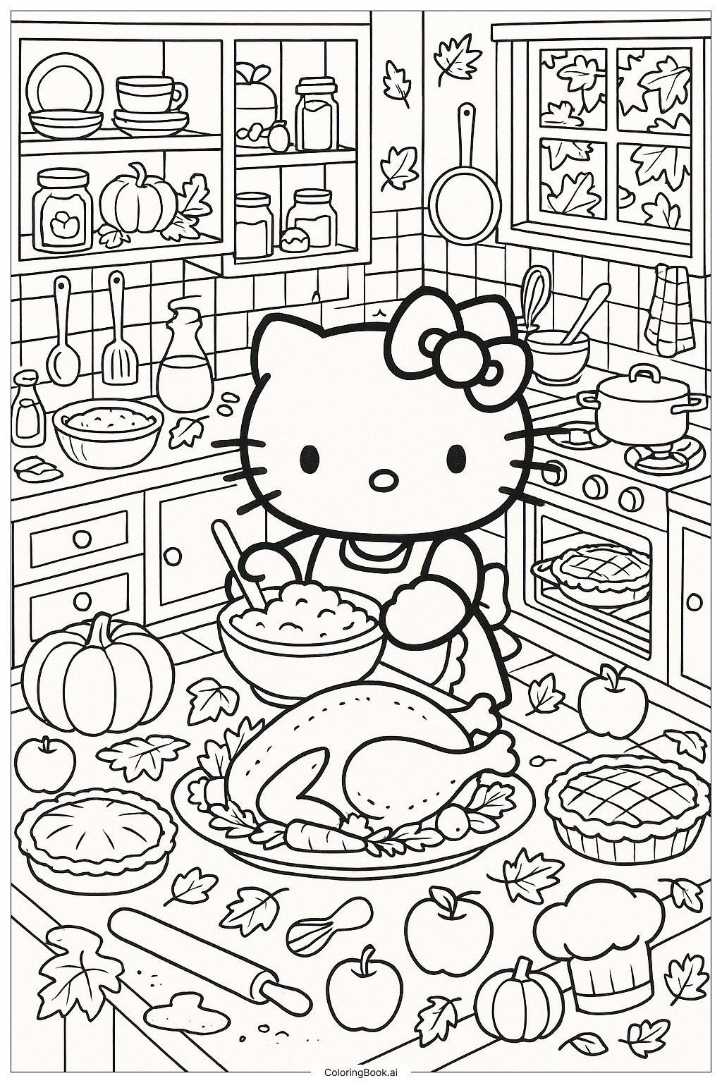  Hello Kitty Erntedankfest in einer geschäftigen Küche Ausmalseite 