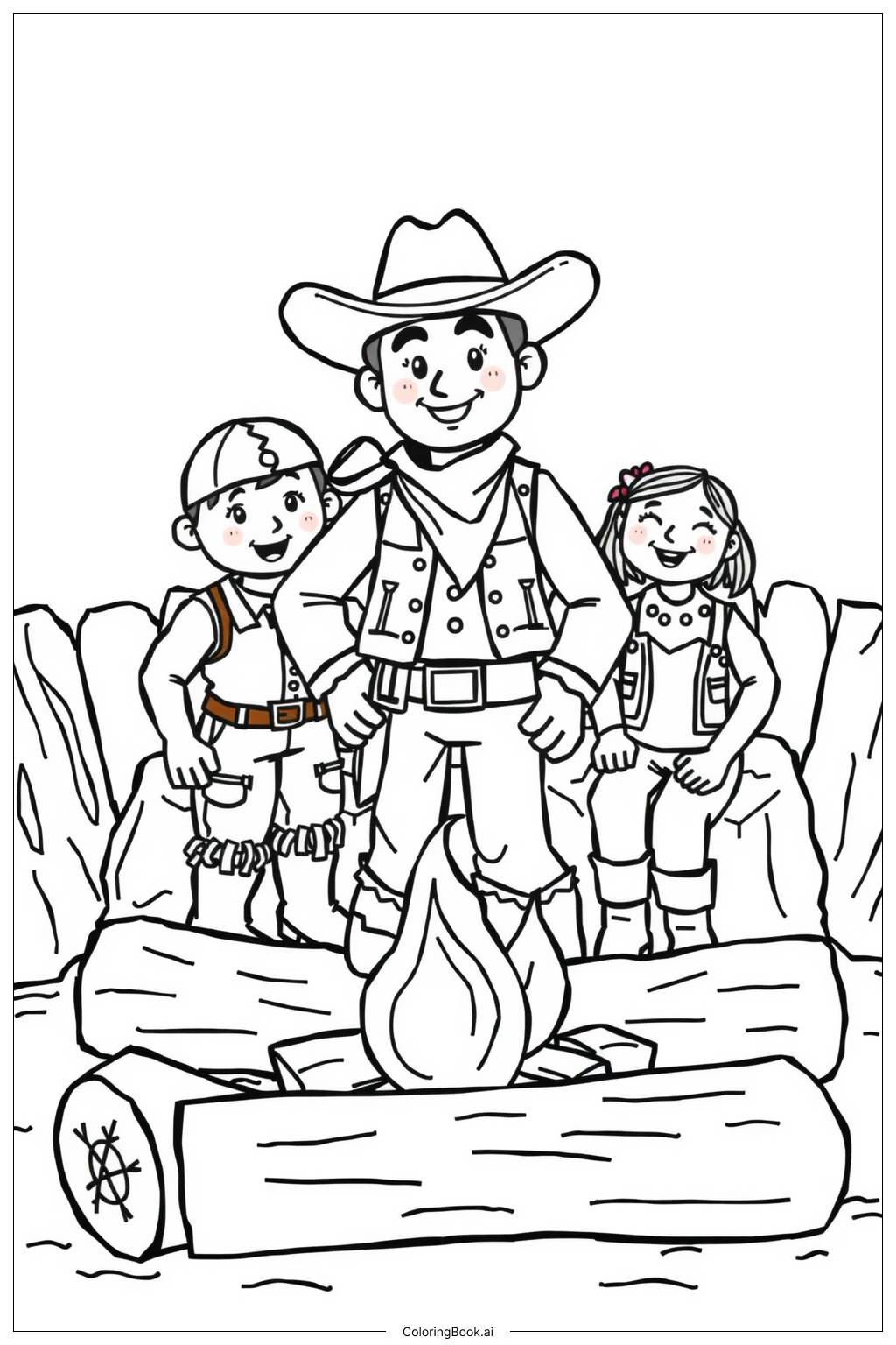  Cowboy and friends around a bonfire Coloring Page 