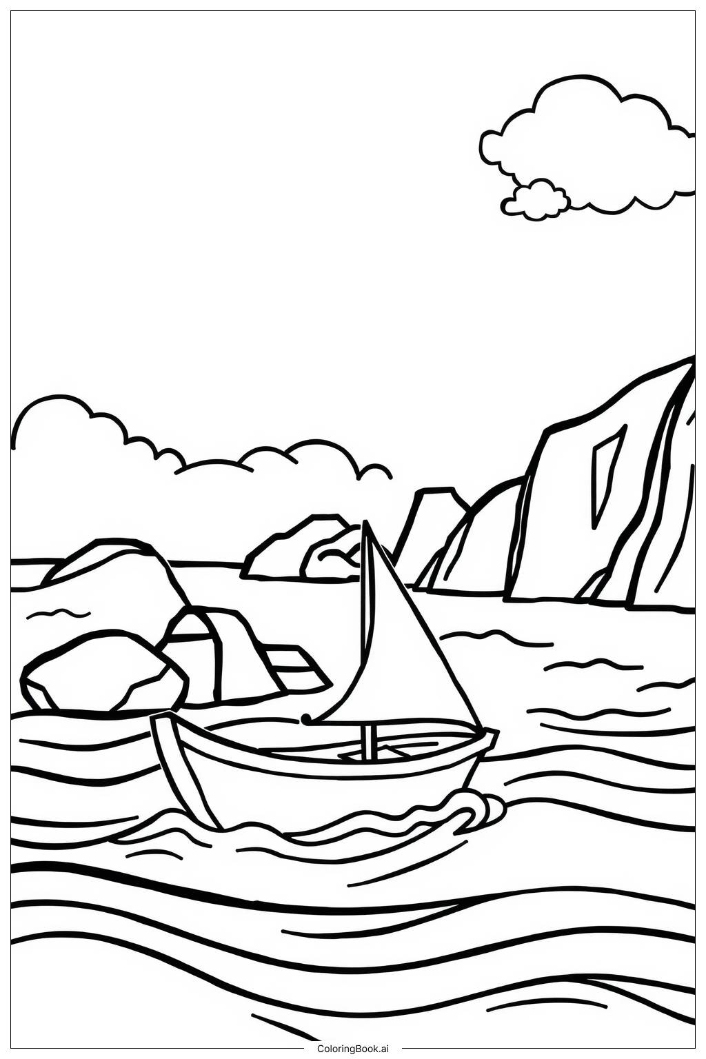  Page de coloriage Excursion en Bateau à Explorer une Côte Scénique 