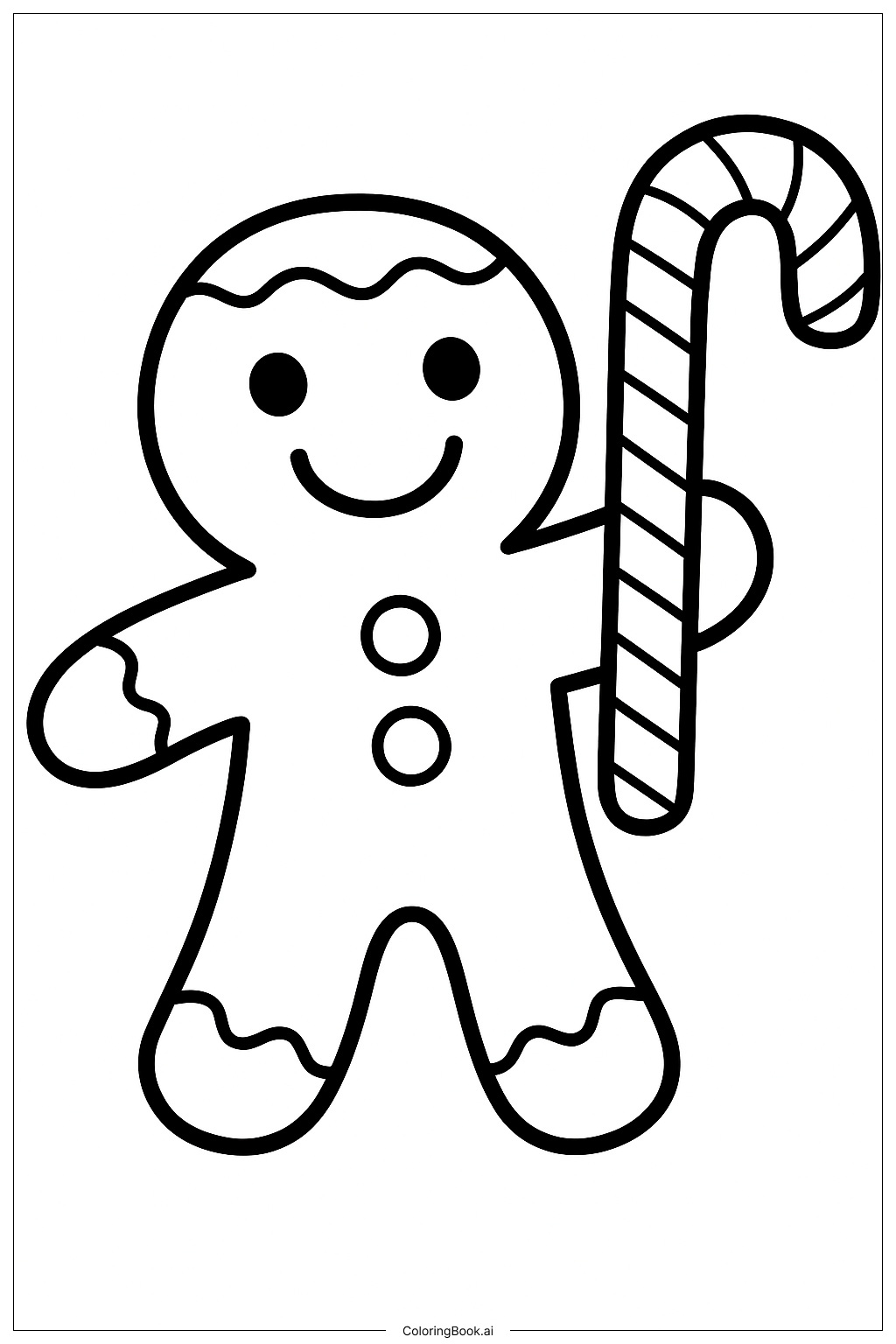  A Happy Gingerbread Man With A Candy Cane Coloring Page 