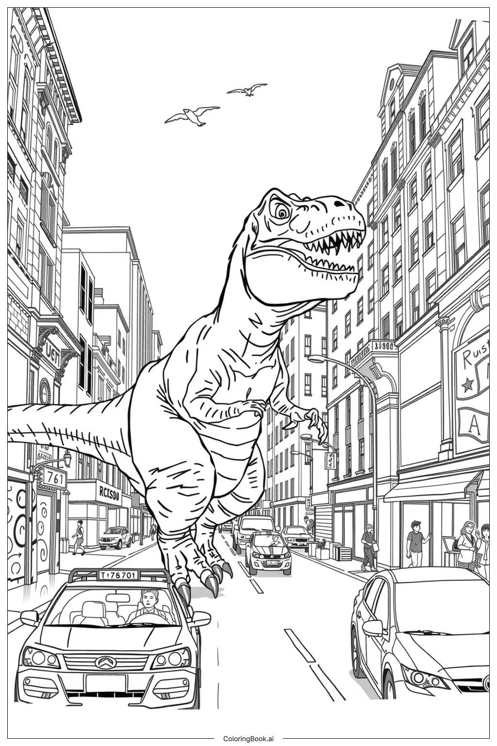  Jurassic World Dinosaurs in Urban Environment-2 Coloring Page 