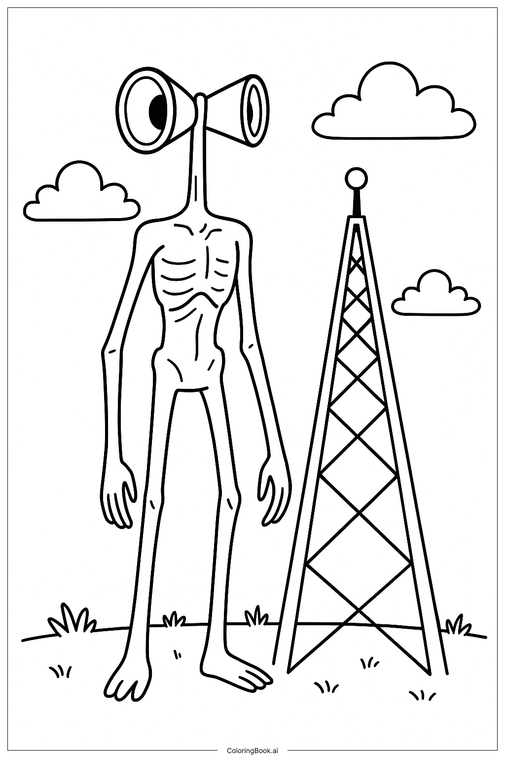  Page de coloriage Siren Head et une tour de radio 