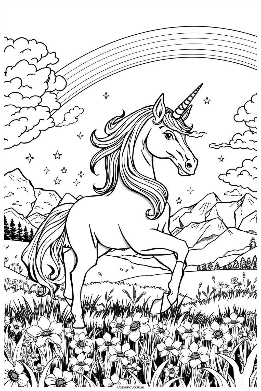  Page de coloriage licorne avec un fond arc-en-ciel 