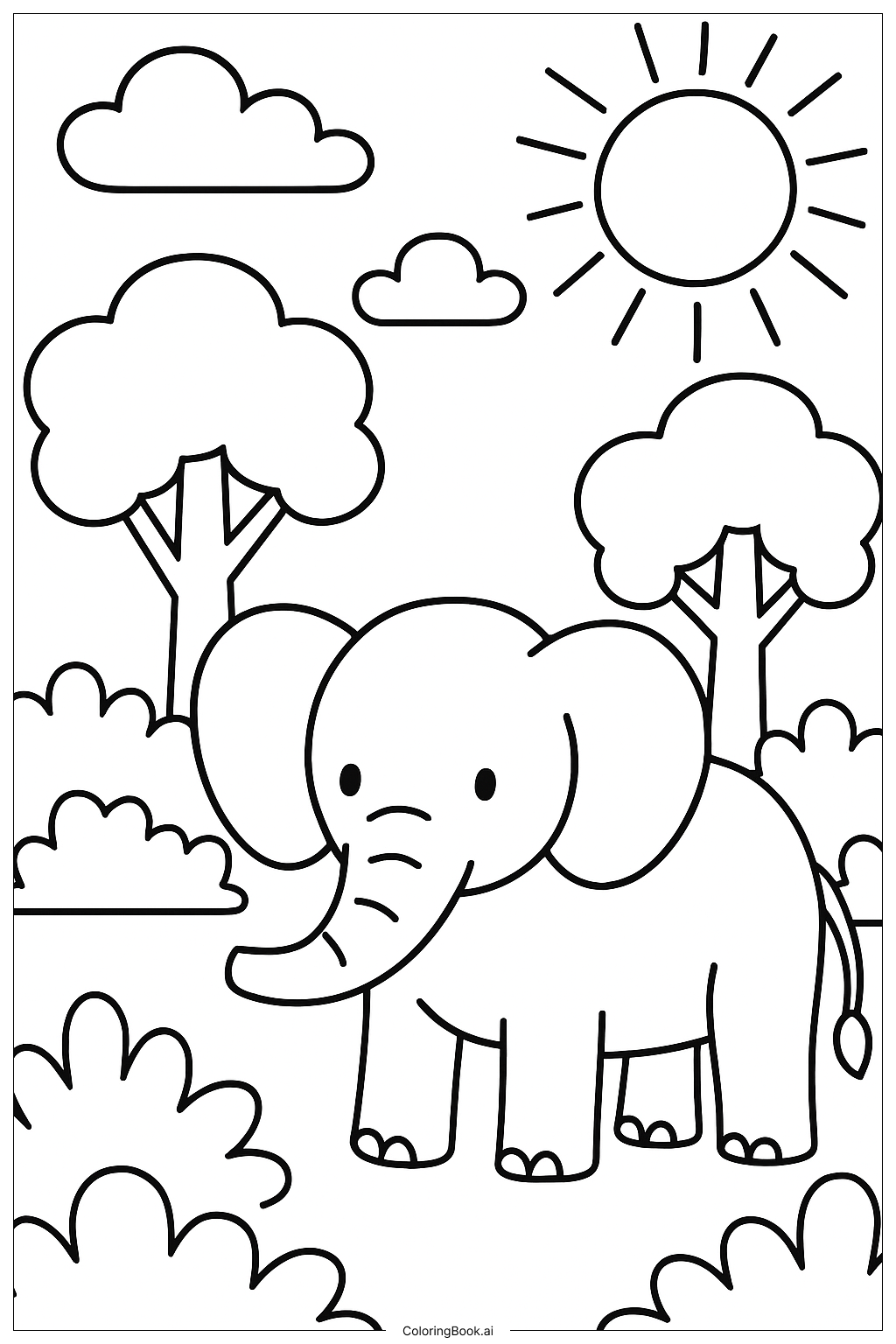  Elephant in Jungle Scene Coloring Page 