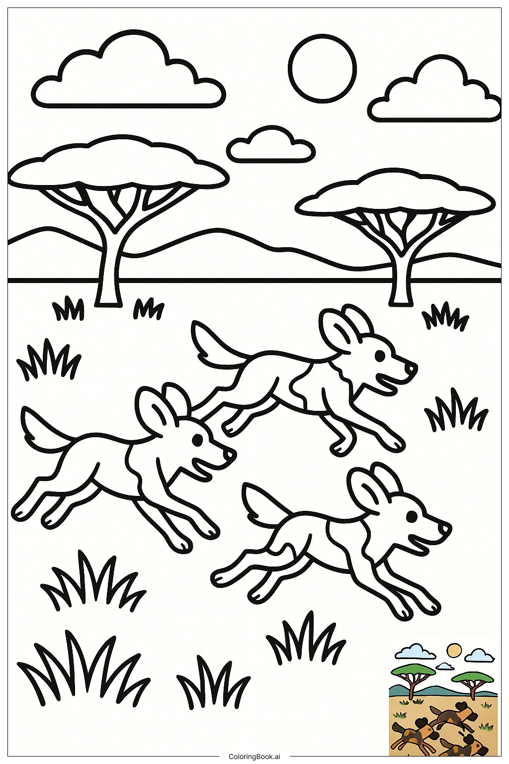  野生犬の群れが走るの塗り絵ページ 