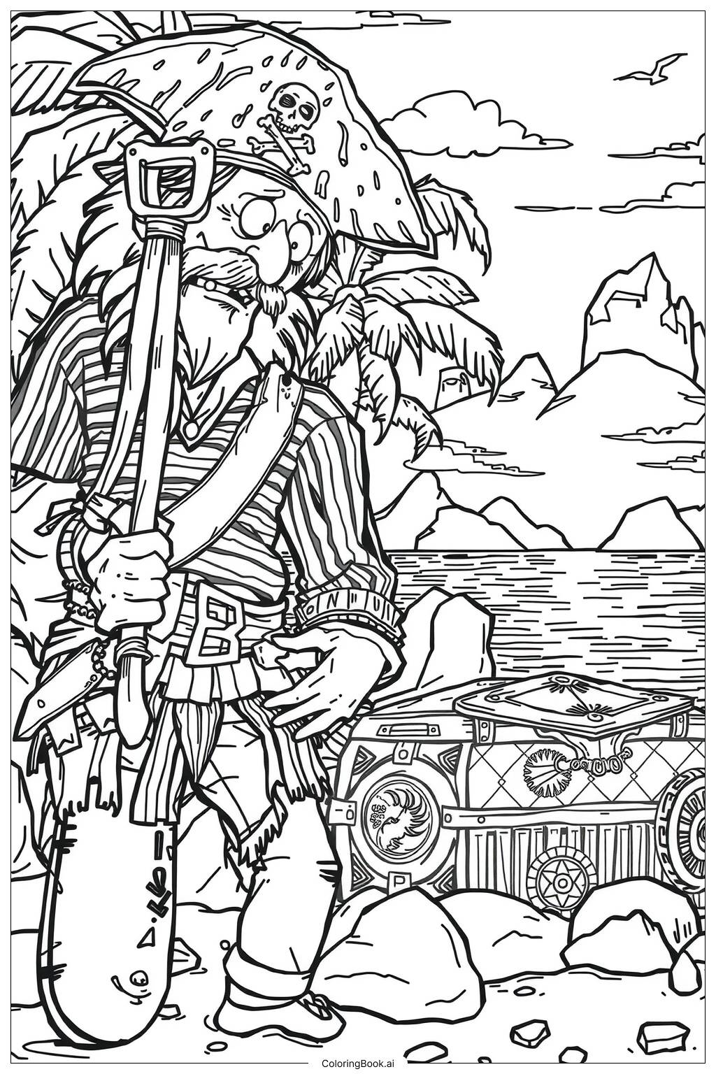  Pirate Burying Treasure on an Island Coloring Page 