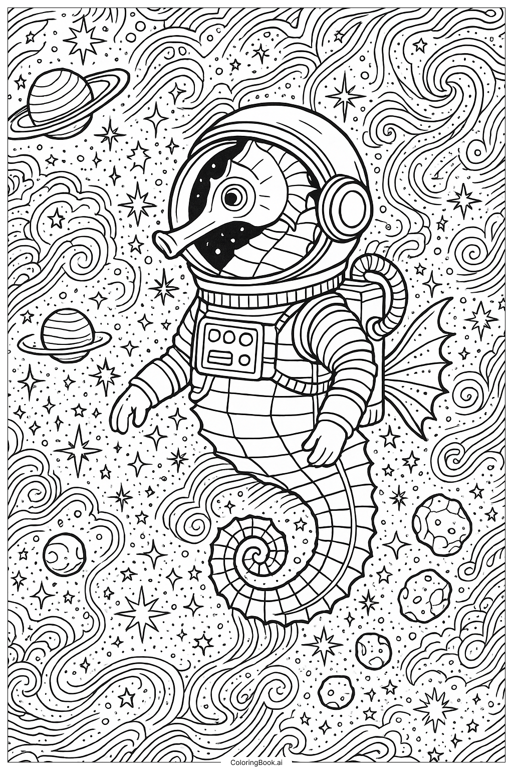 Página para colorear de Un Caballito de Mar Astronauta en el Mar de Estrellas
