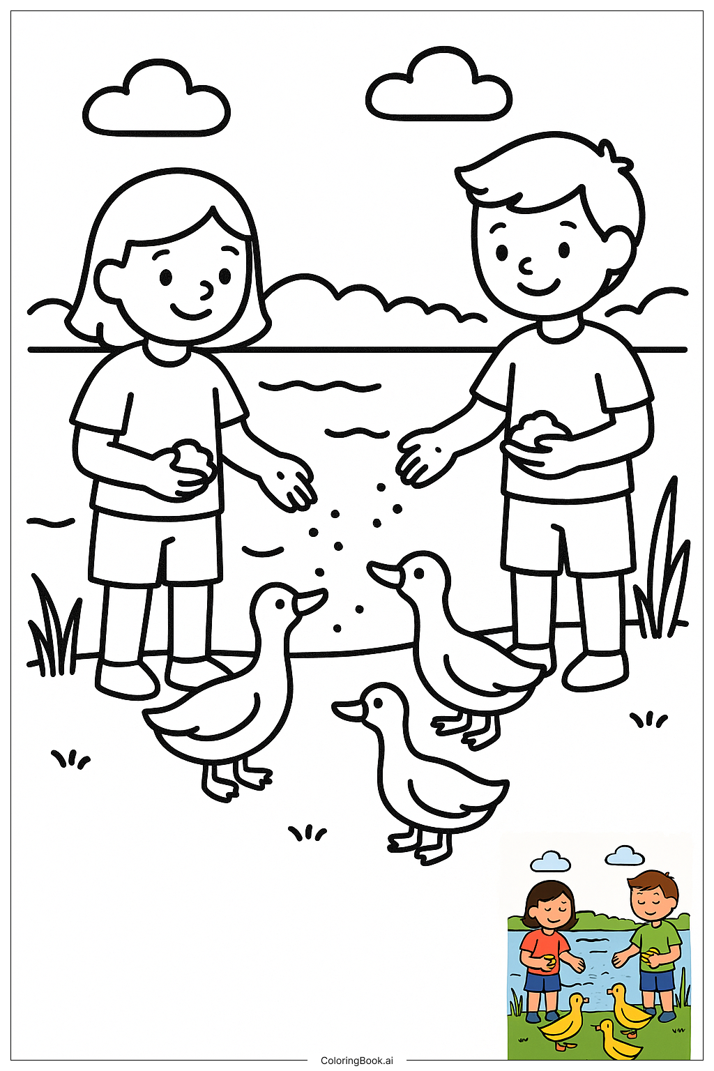  Friends Feeding Ducks At Lake著色頁 