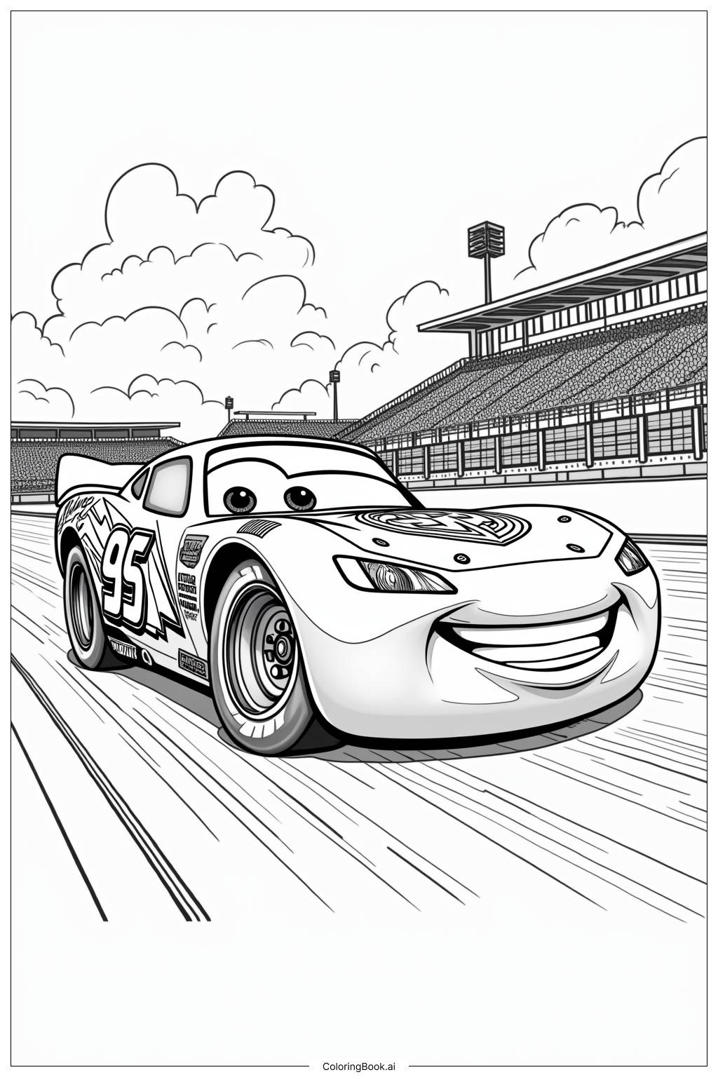  Page de coloriage Lightning McQueen dans une scène de course classique 