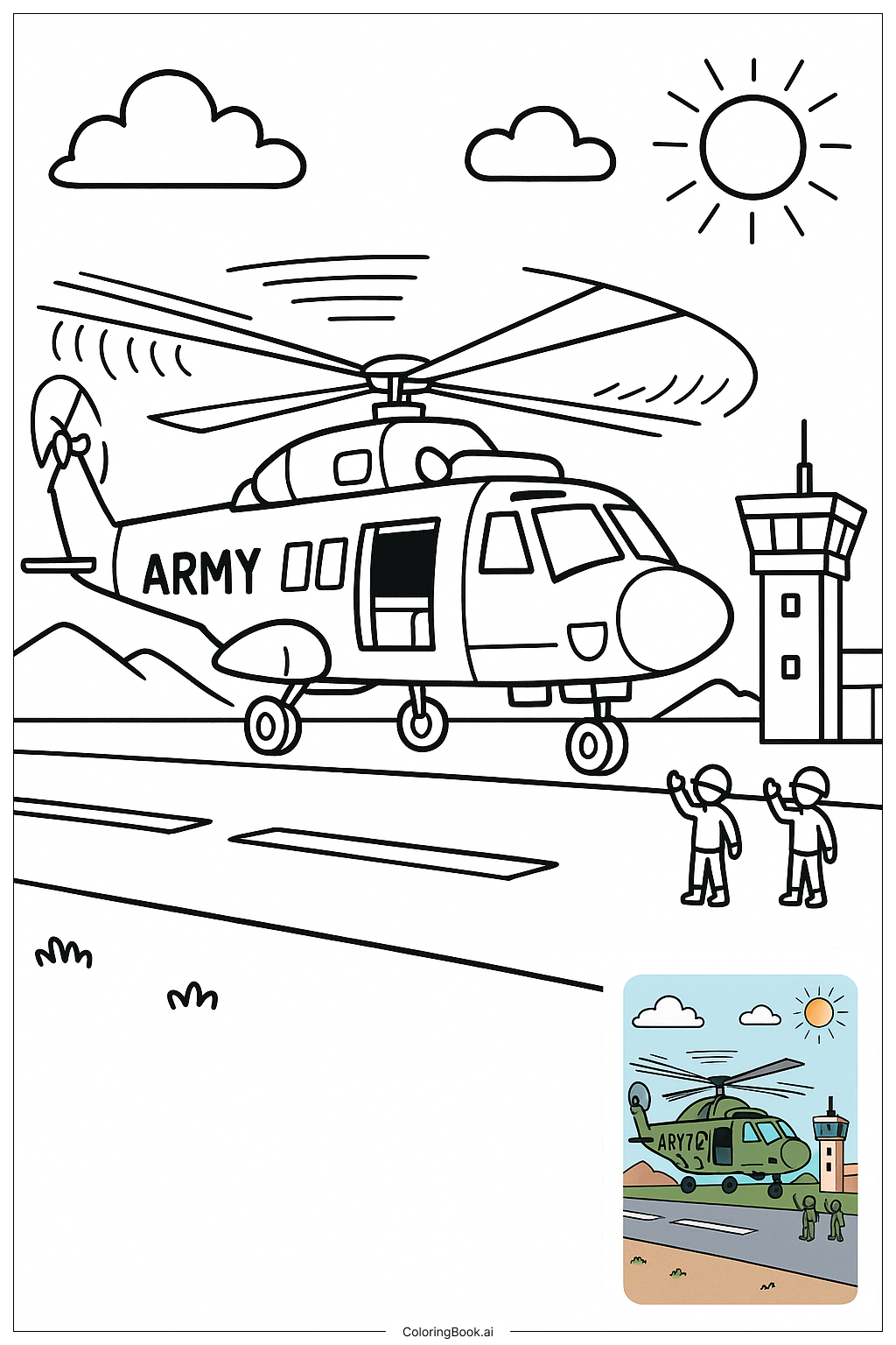  Page de coloriage Hélicoptère militaire atterrissant à la base 