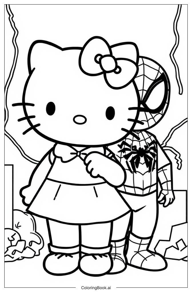  Página para colorir de Hello Kitty Encontra o Homem-Aranha 