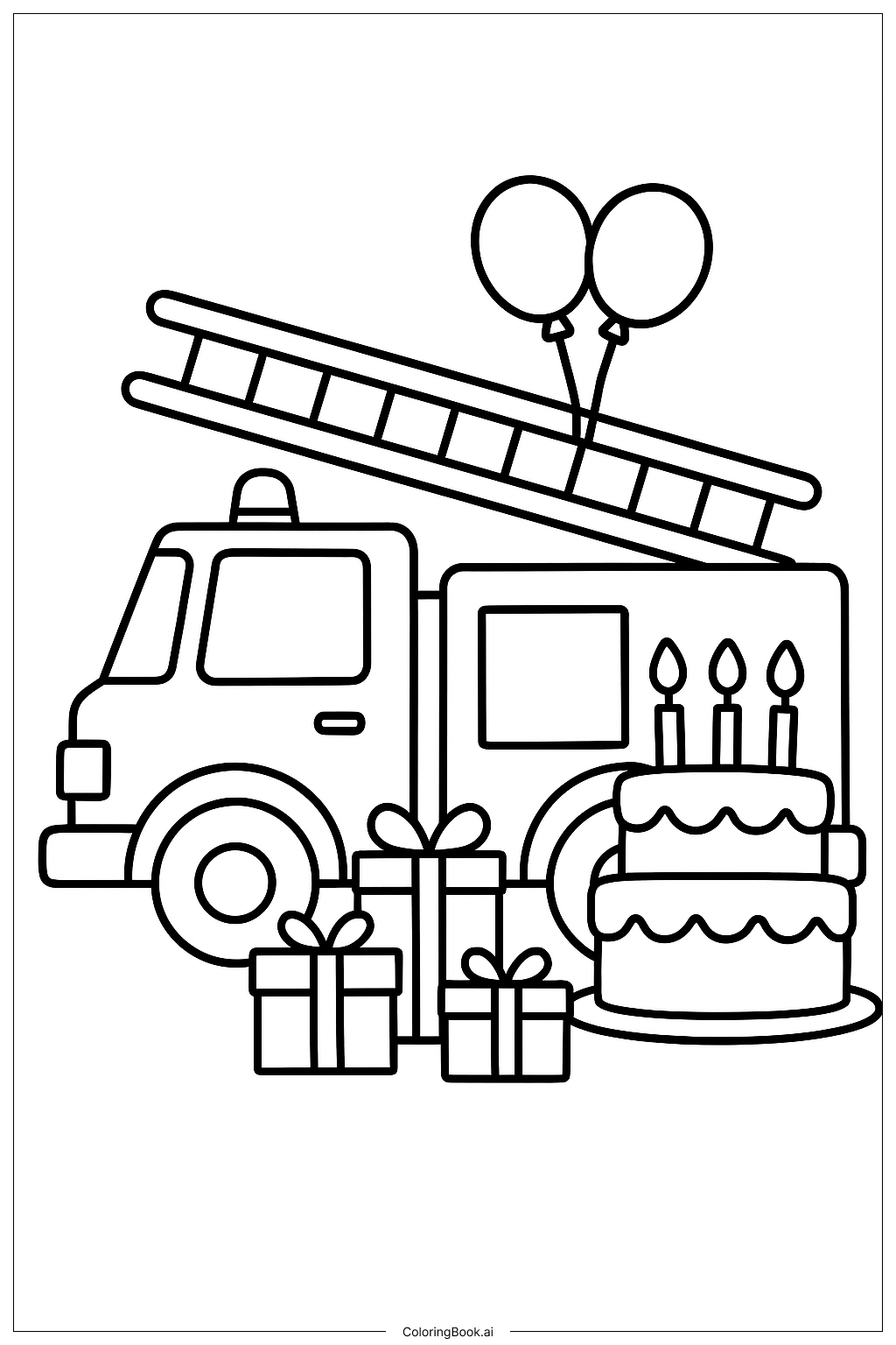  Page de coloriage Camion de pompier à la fête d'anniversaire 