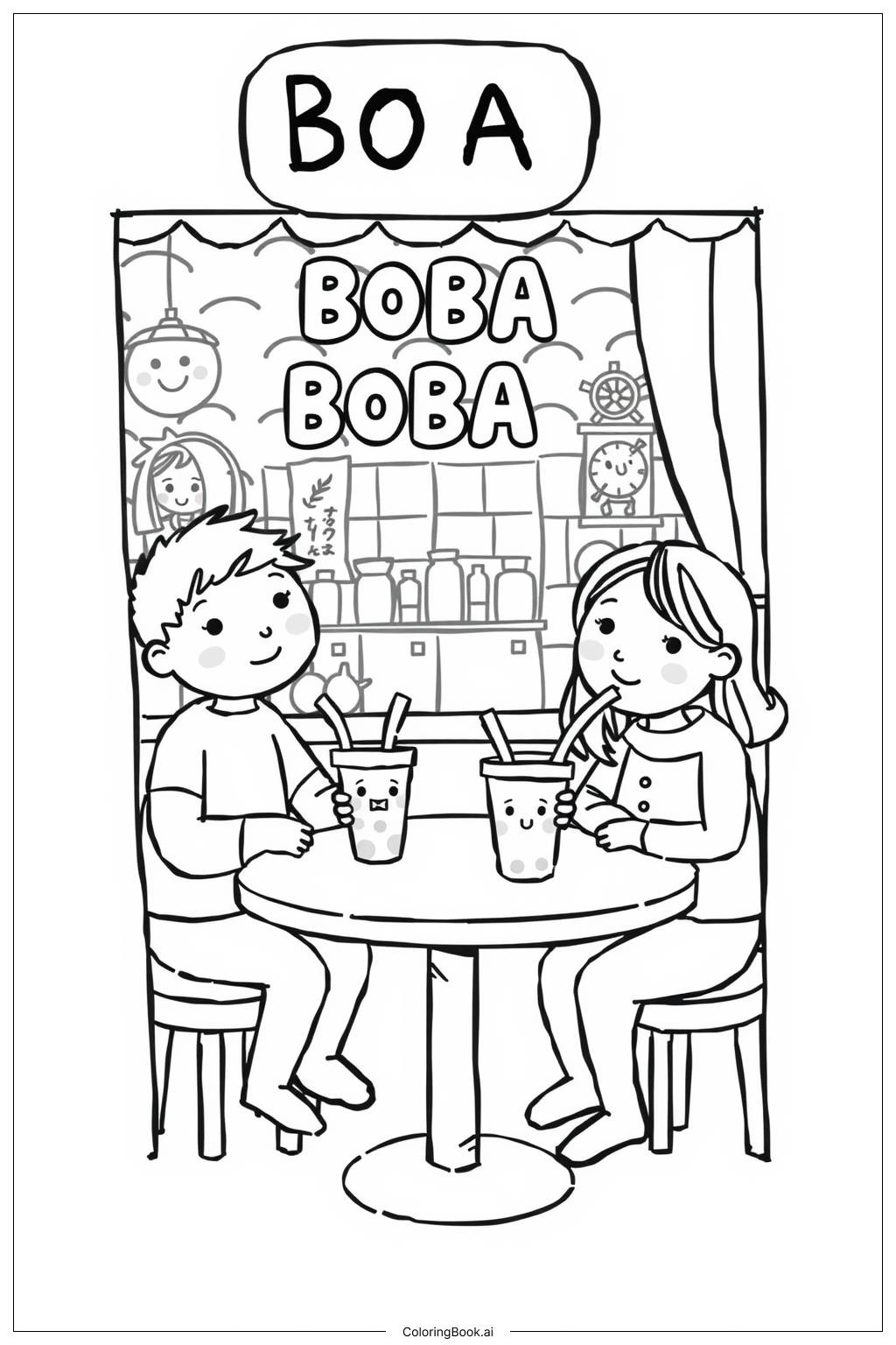  Friends at Boba Shop Coloring Page 