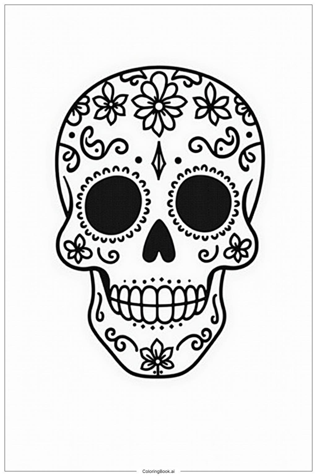  Página para colorear de Un diseño simple de calavera de azúcar con decoraciones florales 