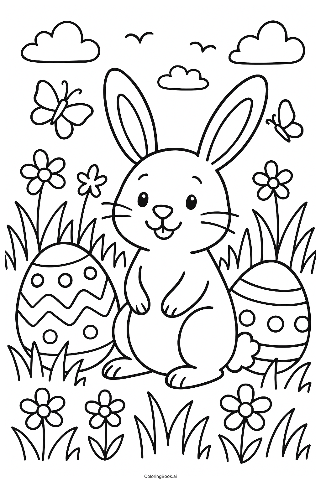 Easter Bunny In A Spring Meadow Coloring Page