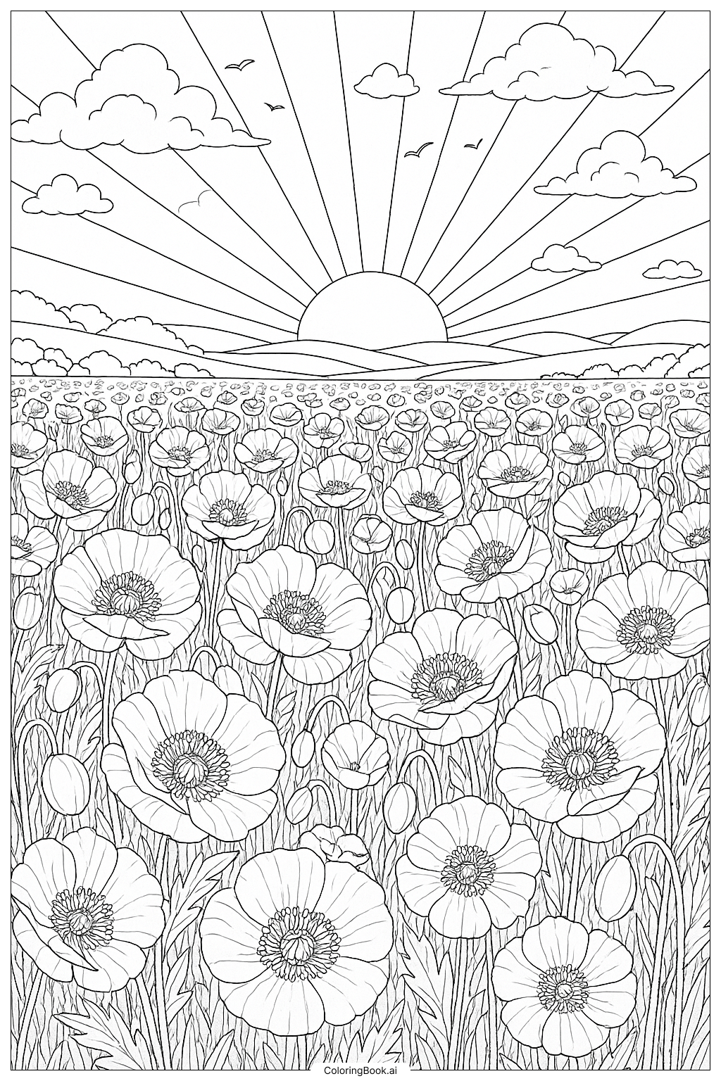  Trang tô màu Cánh đồng hoa anh túc dưới bầu trời hoàng hôn 