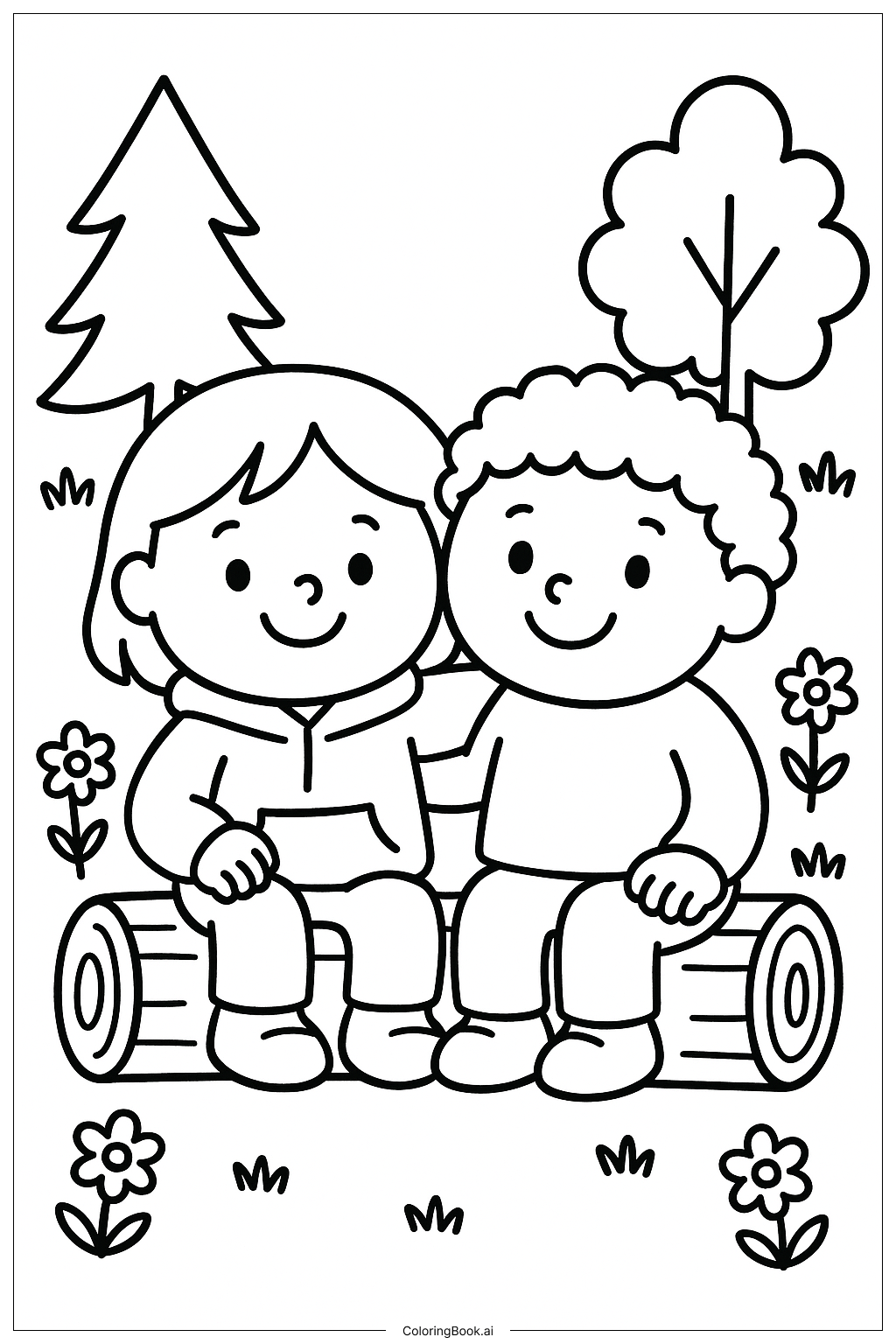  Cozy Friends Sitting On A Log Coloring Page 