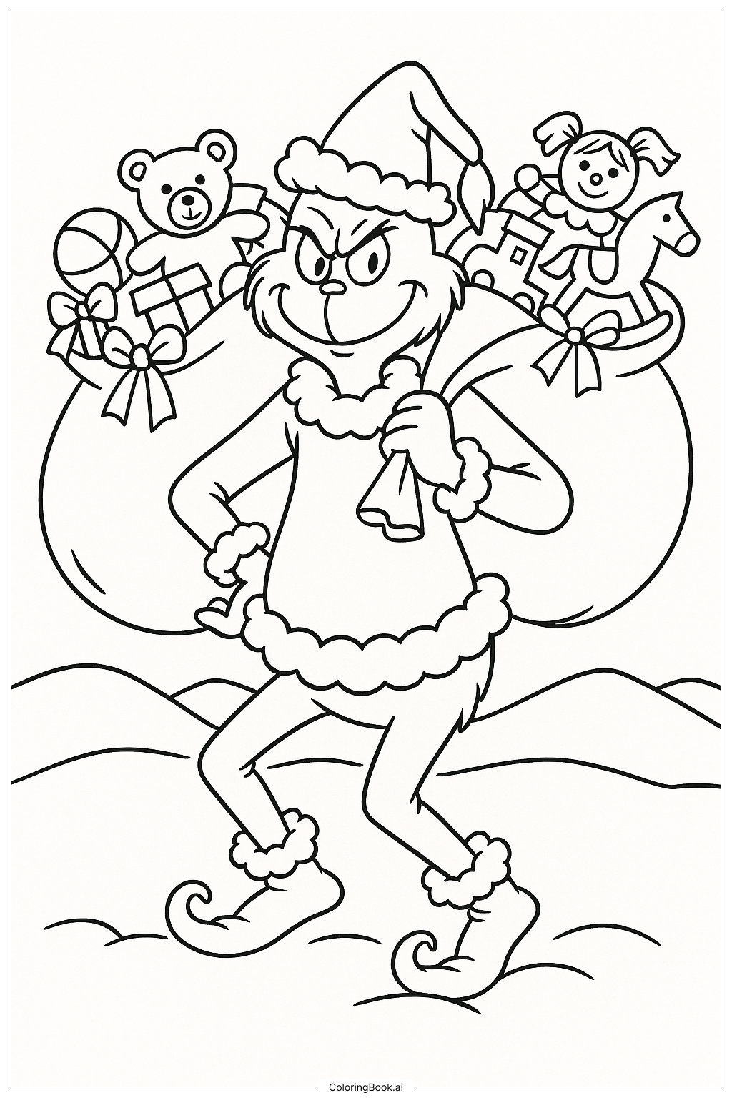  Der Grinch mit Geschenktaschen Ausmalseite 