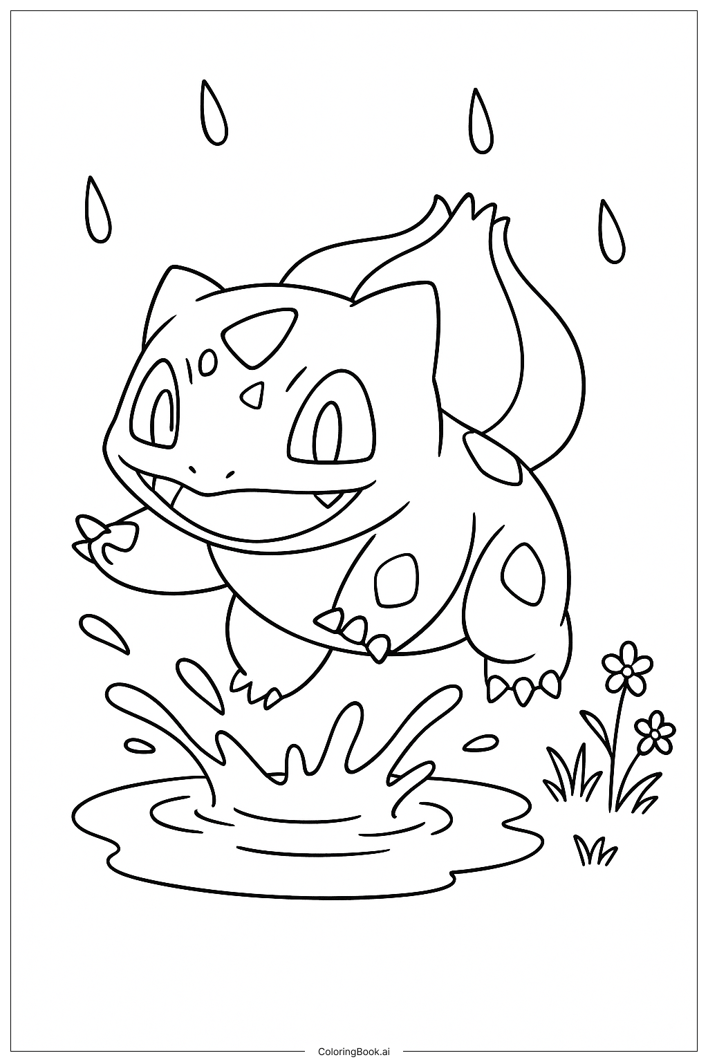 Page de coloriage Bulbizarre s'éclaboussant dans une flaque de pluie (PDF \u0026  PNG imprimables gratuitement), image size:1024x1536